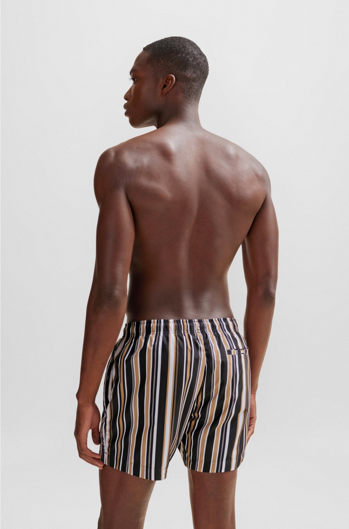 Fully lined swim shorts in striped quick-dry fabric, Black  /  White  /  Beige