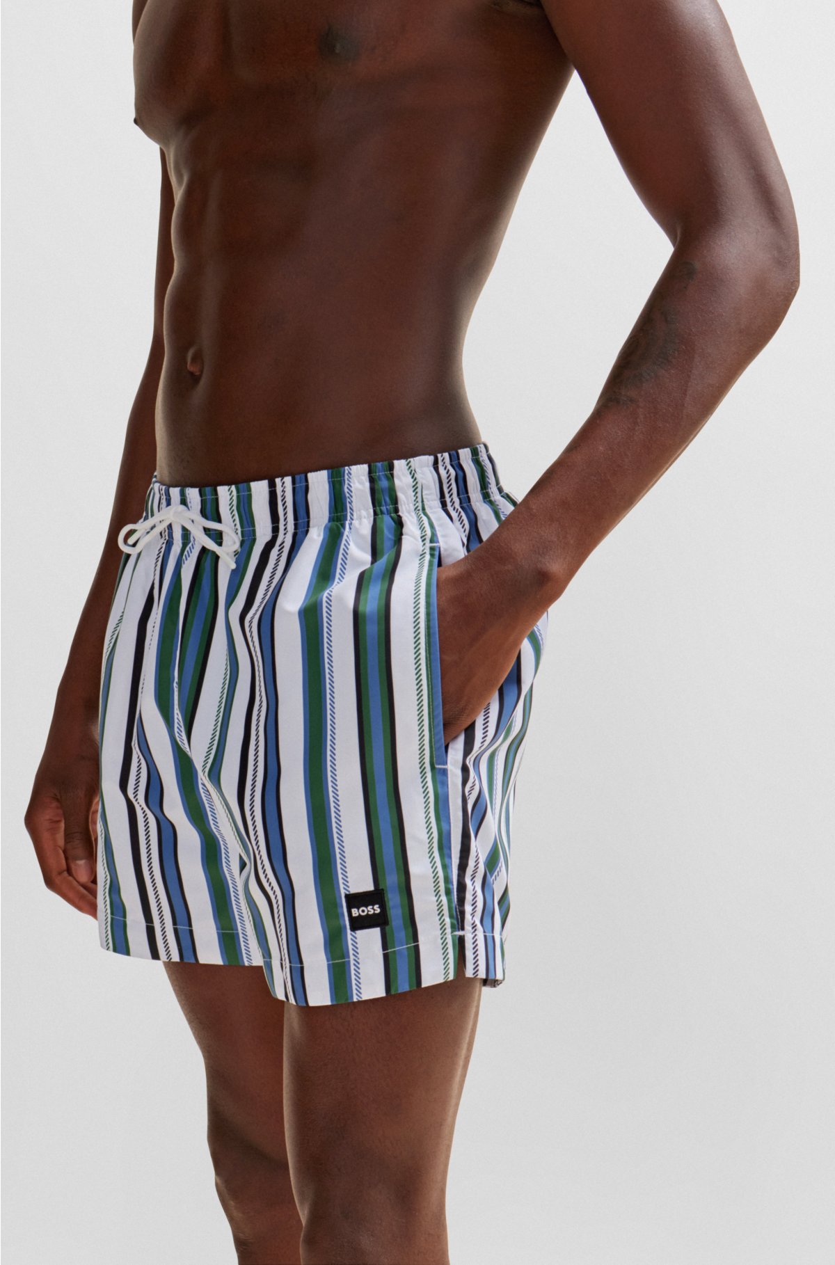 Fully lined swim shorts in striped quick-dry fabric, Black / White / Blue
