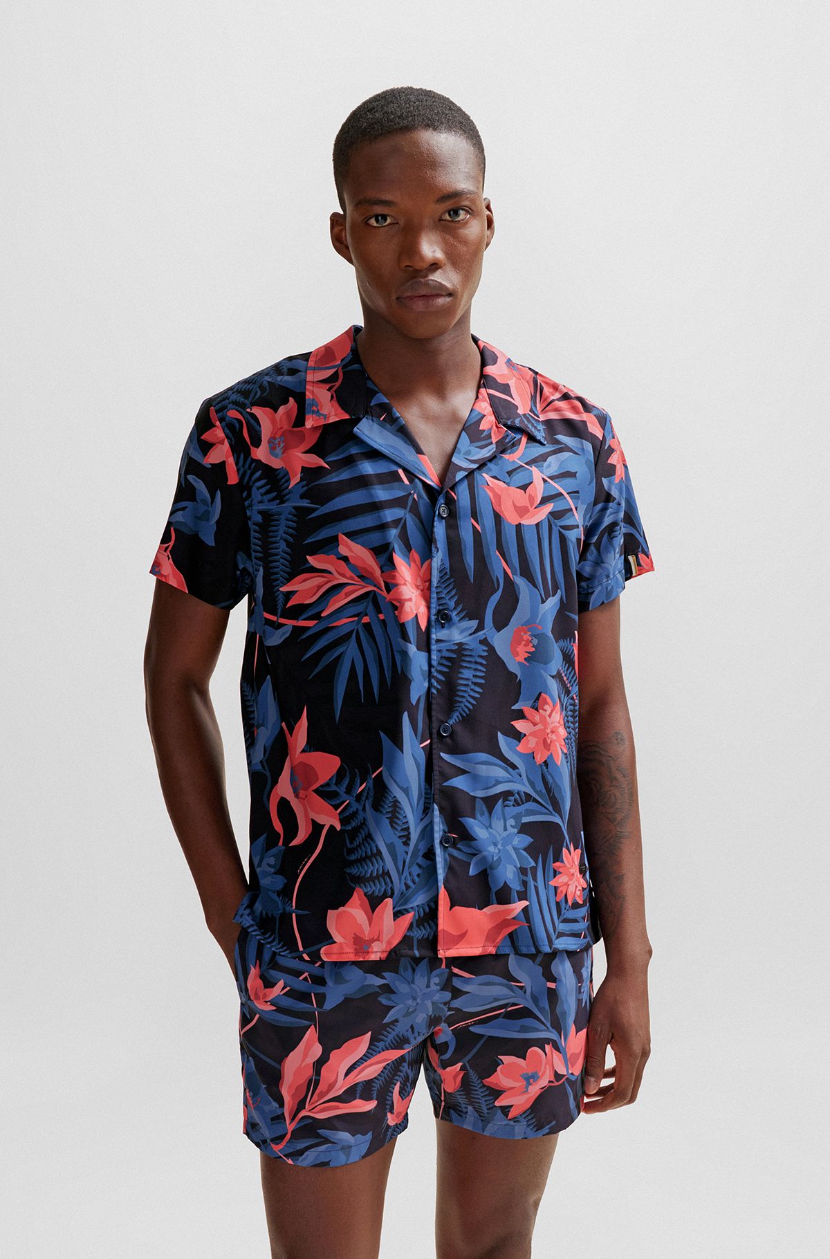 Regular-fit beach shirt with seasonal print, Donkerblauw