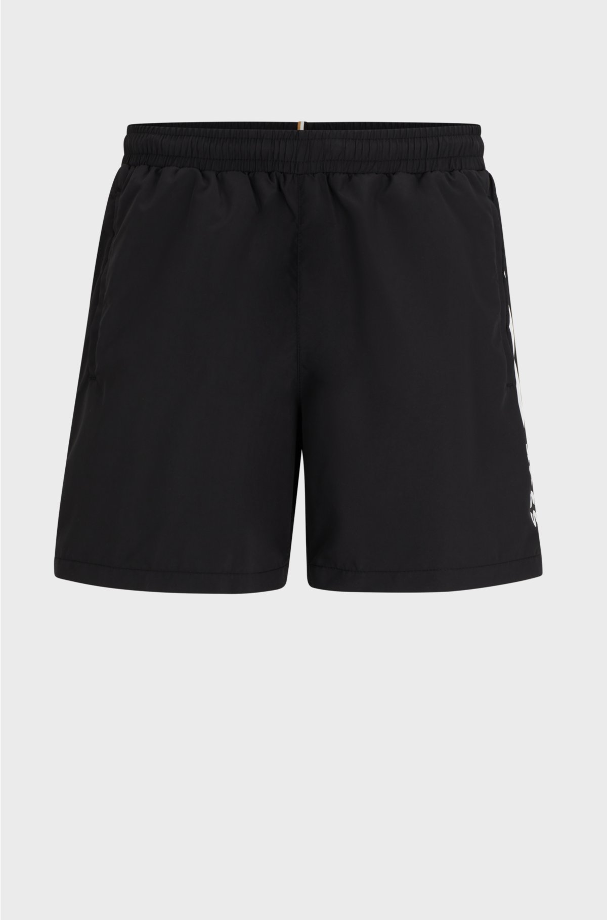 Quick-drying swim shorts with stripe and logo, Black
