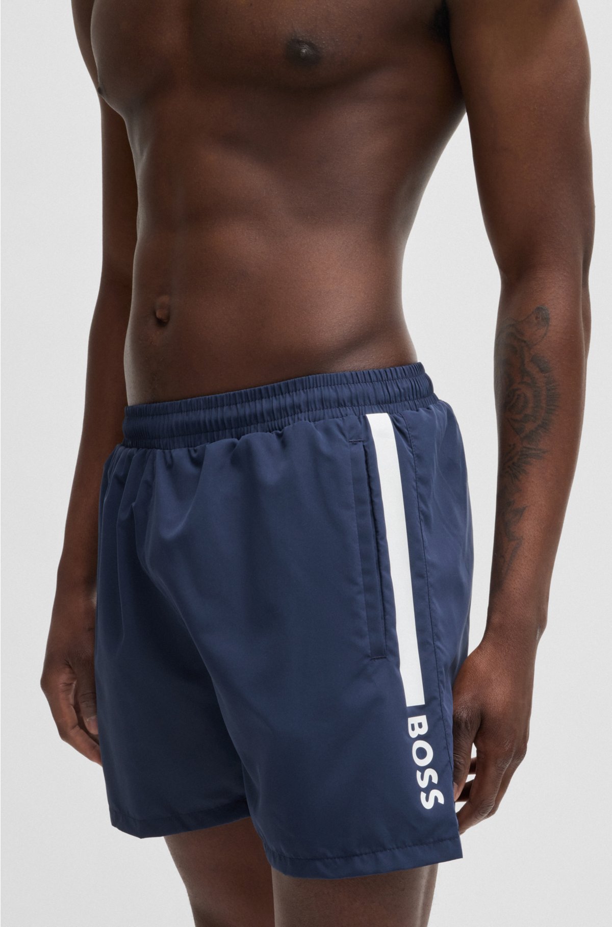 Quick-drying swim shorts with stripe and logo, Dark Blue