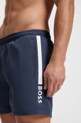 Boxer da mare a righe con logo, Blu scuro