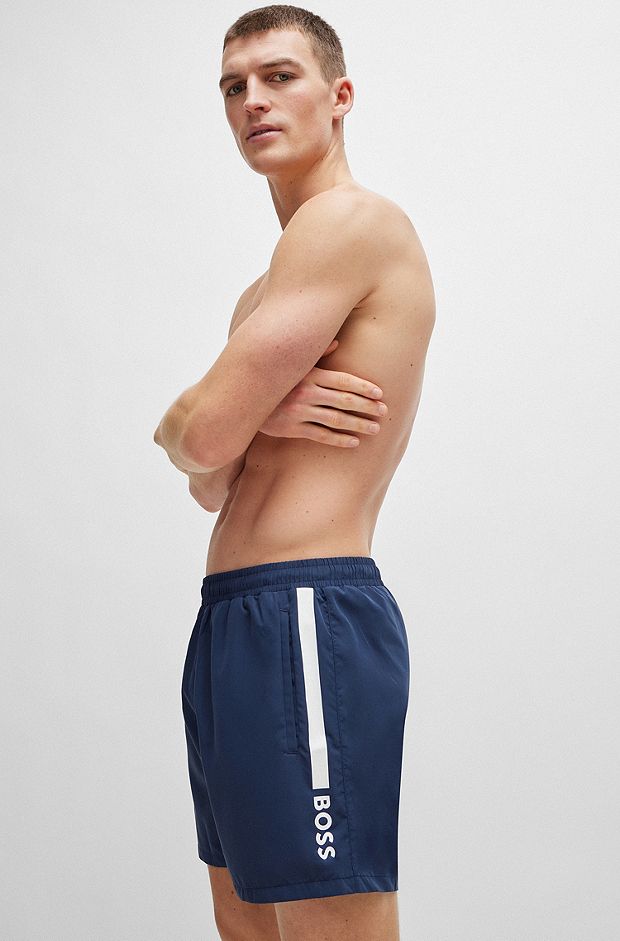 Quick-drying swim shorts with stripe and logo, Dark Blue