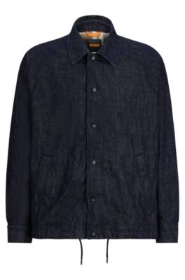 Hugo Boss Checked-lining Jacket In Wrinkle-effect Rigid Blue Denim