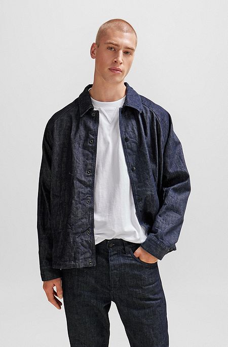 Checked-lining jacket in wrinkle-effect rigid blue denim, Dark Blue