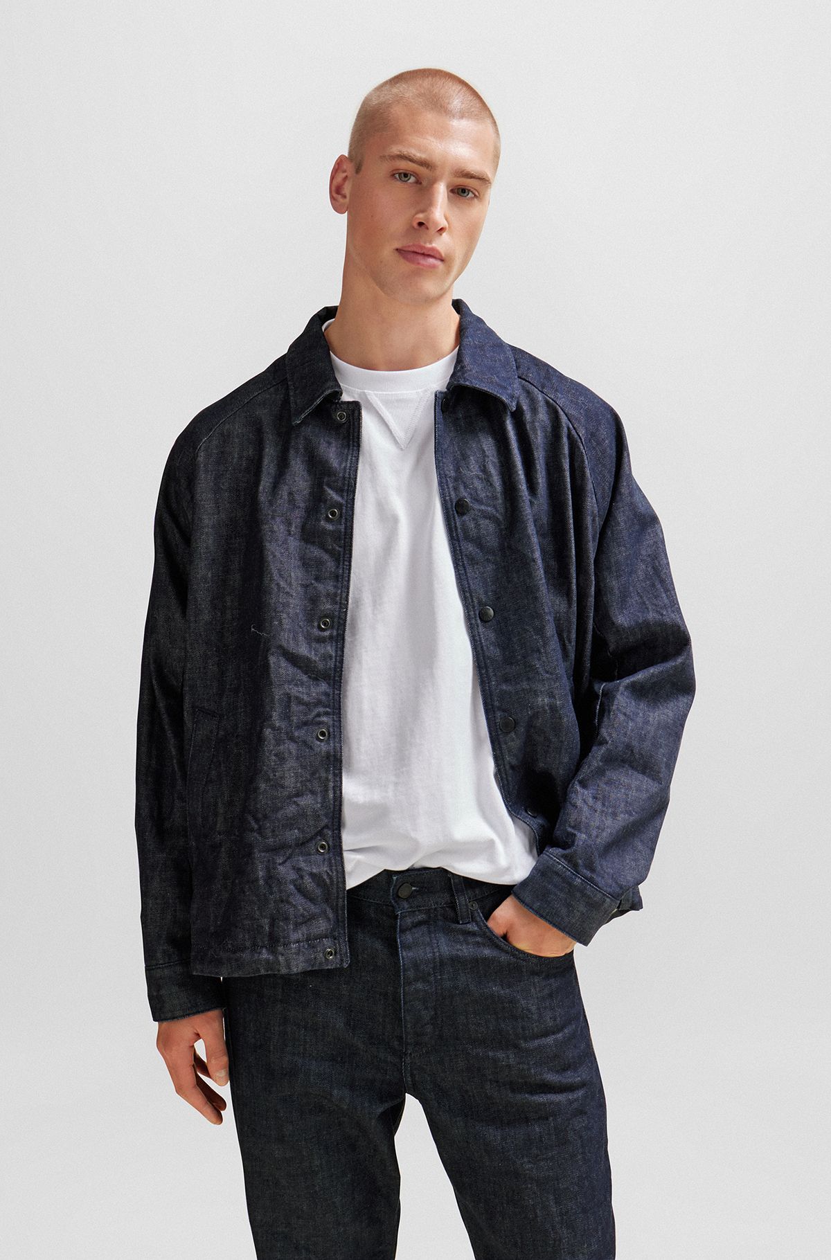 Checked-lining jacket in wrinkle-effect rigid blue denim, Dark Blue