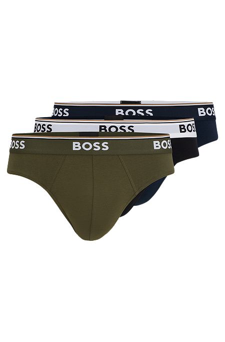 Three-pack of stretch-cotton briefs with logo waistbands, Khaki