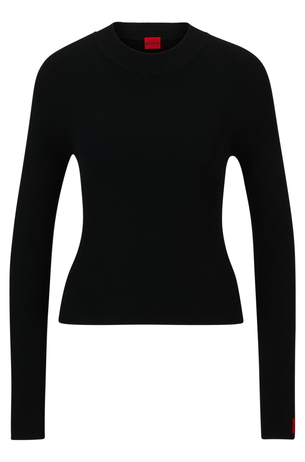 Rib-knit sweater with mock neckline and logo label, Black