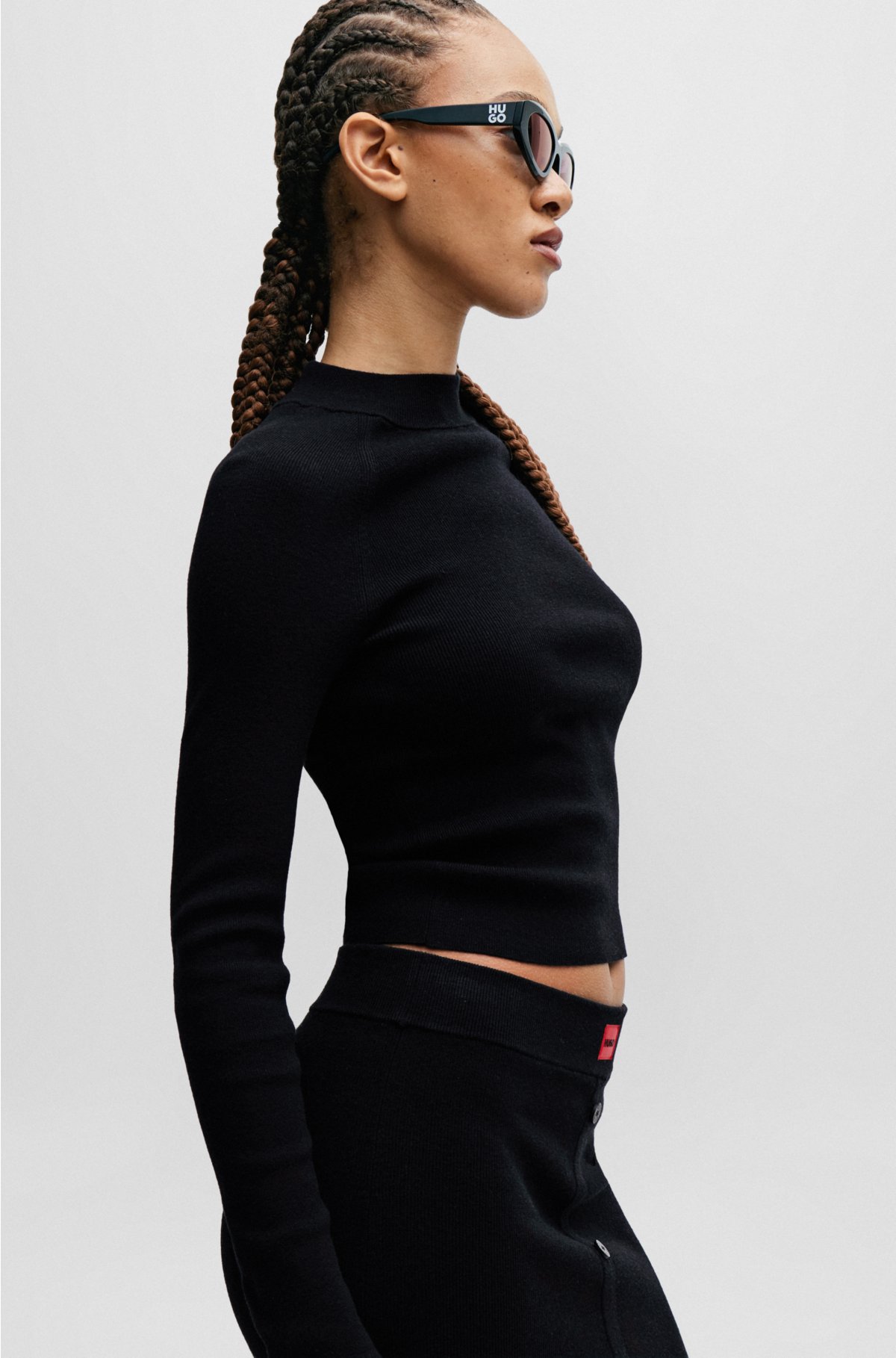 Rib-knit sweater with mock neckline and logo label, Black