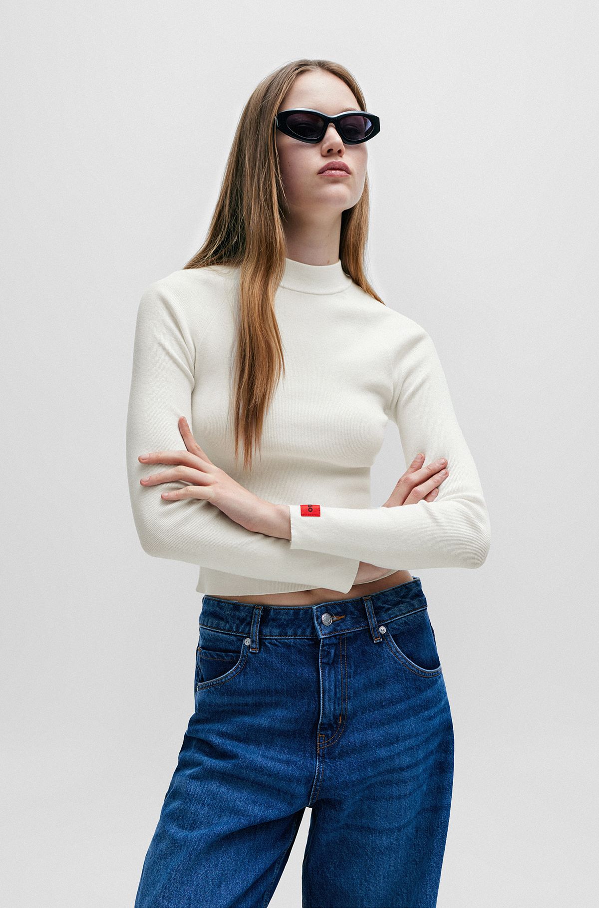 Rib-knit sweater with mock neckline and logo label, White