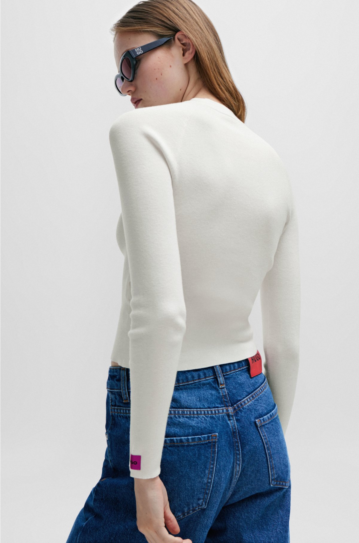Rib-knit sweater with mock neckline and logo label, White
