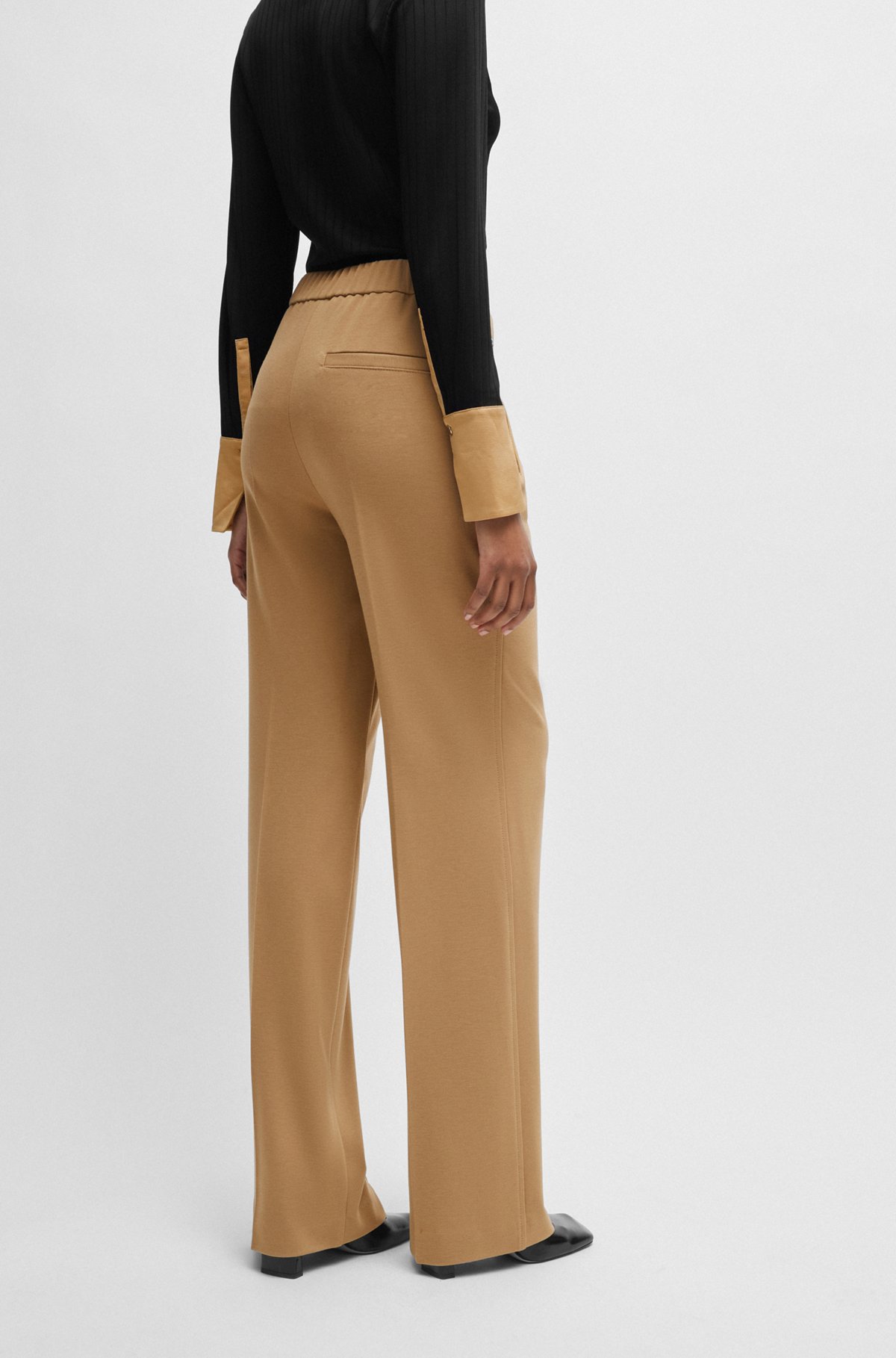 Relaxed-fit trousers with bootcut leg in stretch material, Beige
