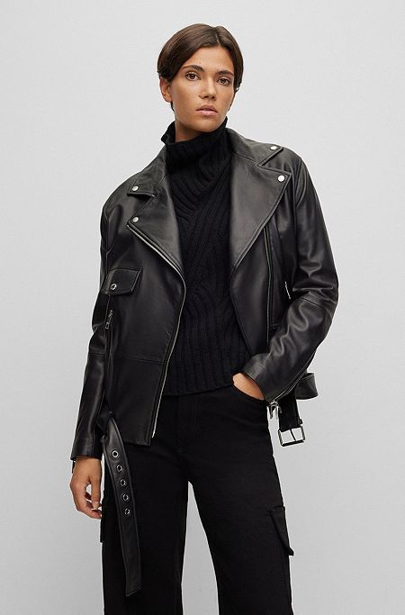 Regular-fit leather jacket with asymmetric zip, Black