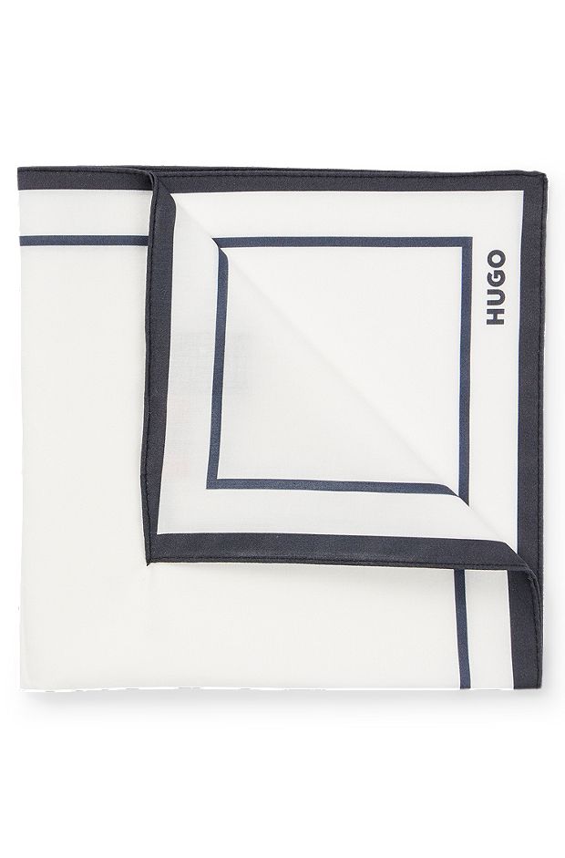 Cotton pocket square with border and logo, White / Blue