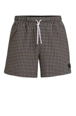 Hugo Boss Micro-print Quick-drying Swim Shorts With Logo Detail In Brown