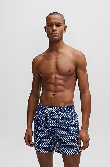 Micro-print quick-drying swim shorts with logo detail, Dark Blue