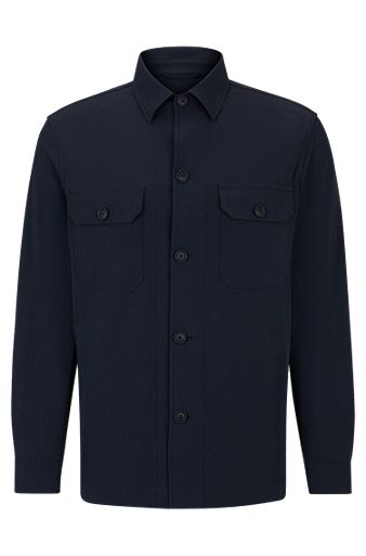 Relaxed-fit button-up overshirt in stretch material, Dark Blue