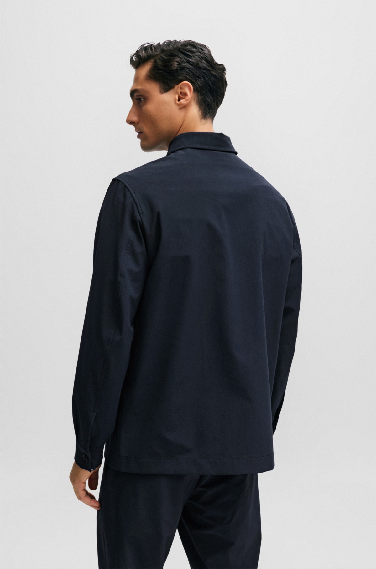 Relaxed-fit button-up overshirt in stretch material, Dark Blue