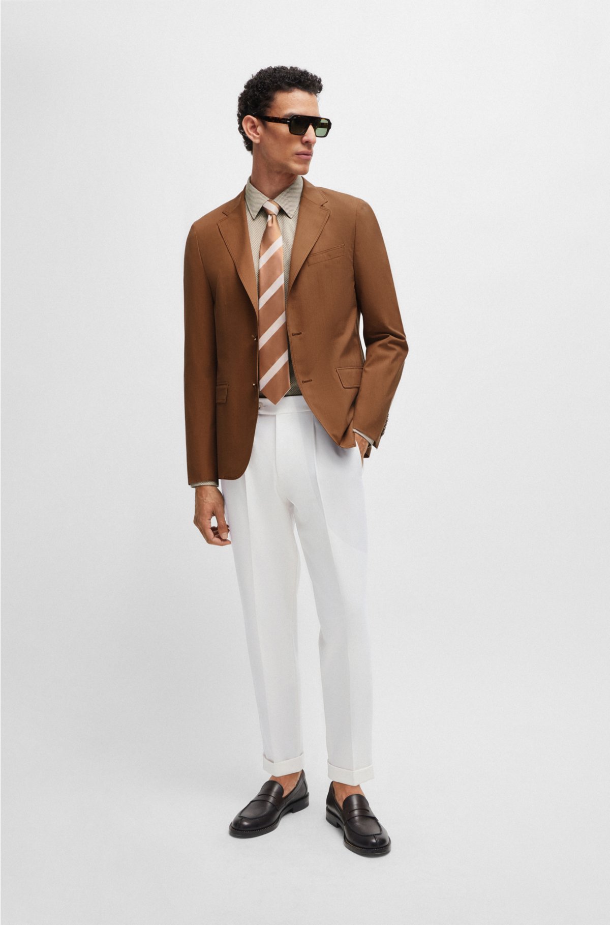 Slim-fit jacket in silk and virgin wool, Brown