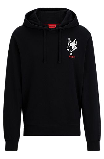 Relaxed-fit hoodie in French terry with dog artwork, Black