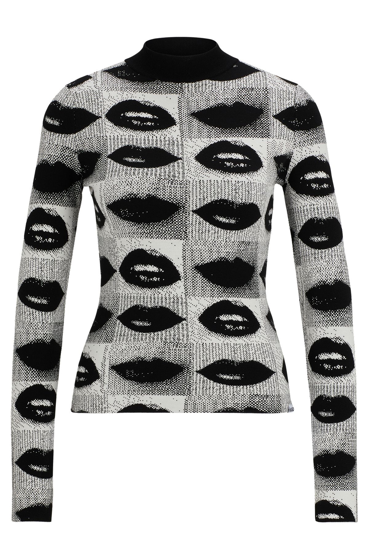 Pullover mit Stehkragen und Lippen-Print aus Jacquard, Schwarz gemustert