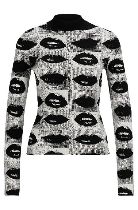 Pullover mit Stehkragen und Lippen-Print aus Jacquard, Schwarz gemustert