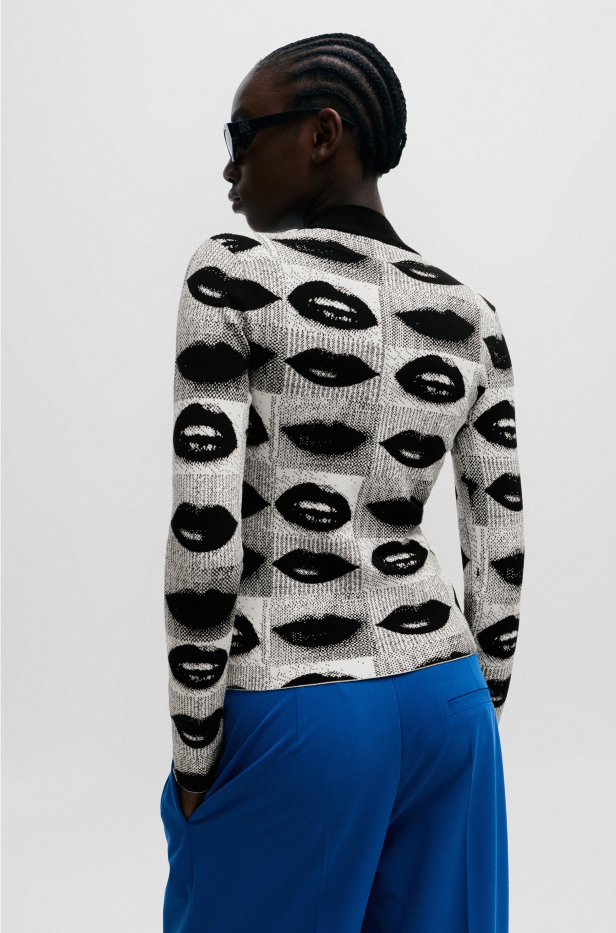 Mock-neck sweater with lips jacquard, Black Patterned