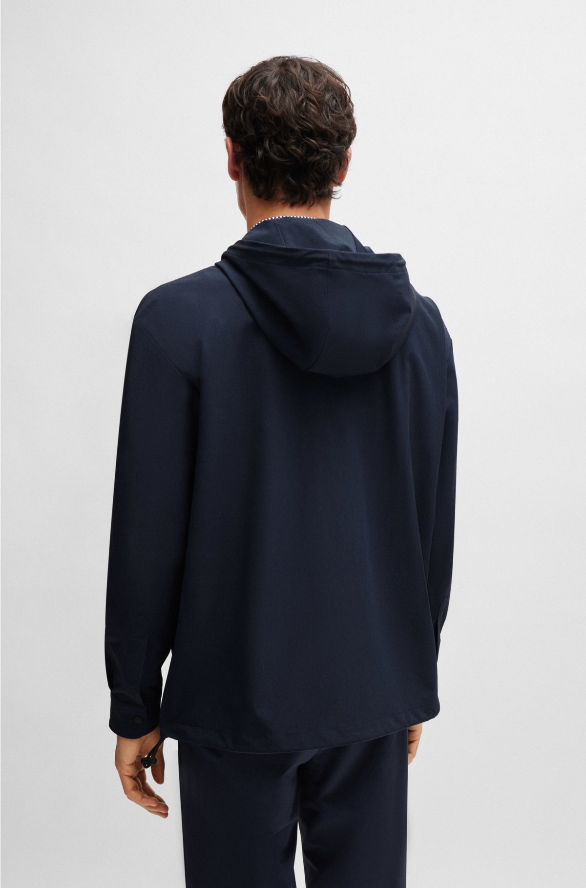 Zip-up relaxed-fit hooded shirt in stretch fabric, Dark Blue