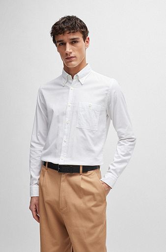 Chemise Slim Fit en coton Oxford avec col à pointes boutonnées, Blanc
