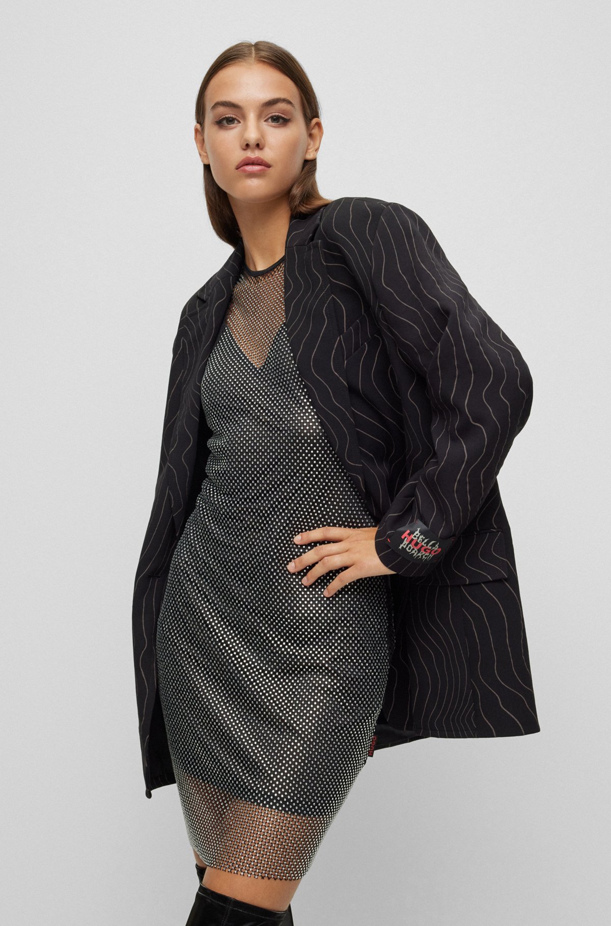 HUGO x Bella Poarch oversized-fit pinstripe jacket, Black Patterned
