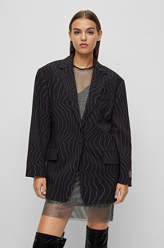 HUGO x Bella Poarch oversized-fit pinstripe jacket, Black Patterned