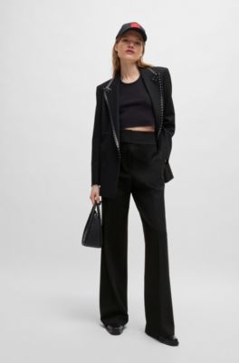 Pantalon large Regular Fit en tissu stretch, Noir