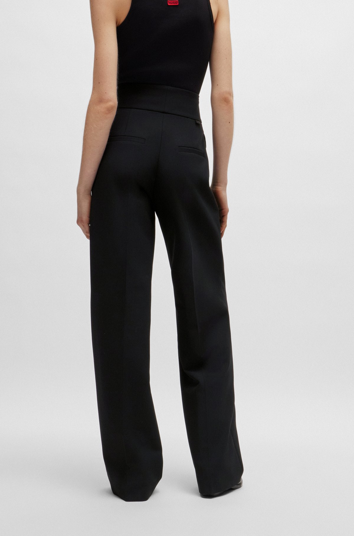 HUGO - Regular-fit wide-leg trousers in stretch fabric - Black HUGO - Regular-fit wide-leg trousers in stretch fabric - Black