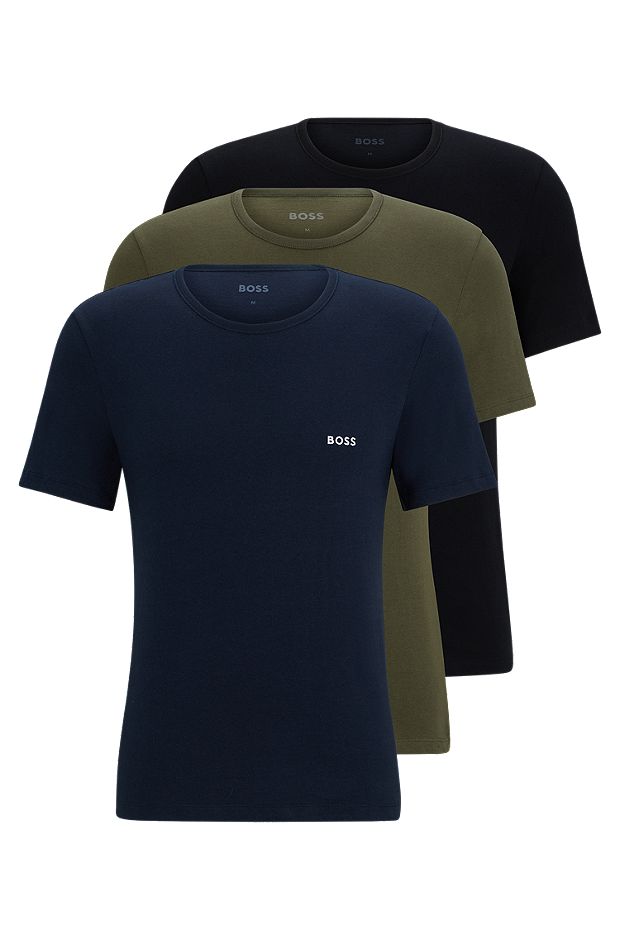 Three-pack of branded underwear T-shirts in cotton jersey, Black / Dark Green / Dark Blue