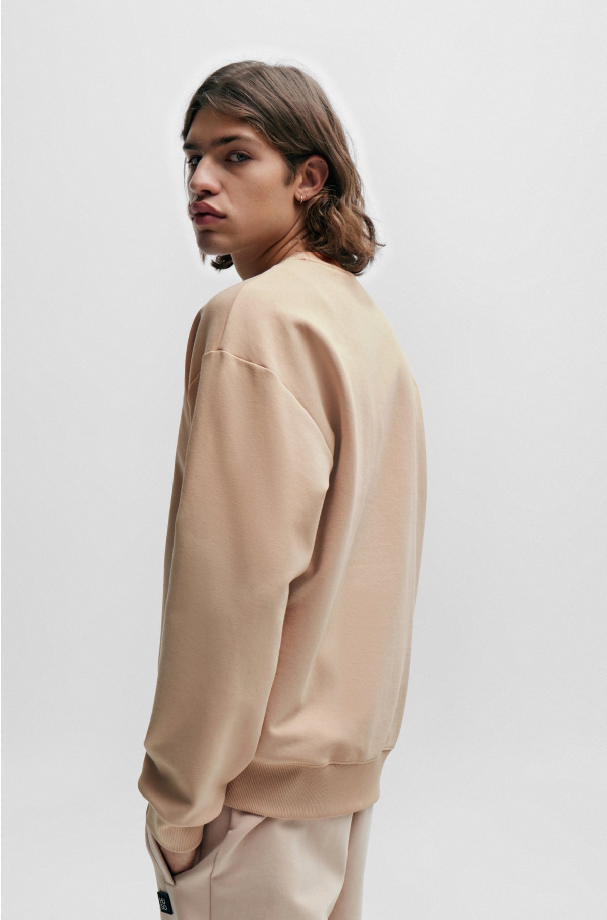 Stretch-cotton regular-fit sweatshirt with stacked logo, Beige