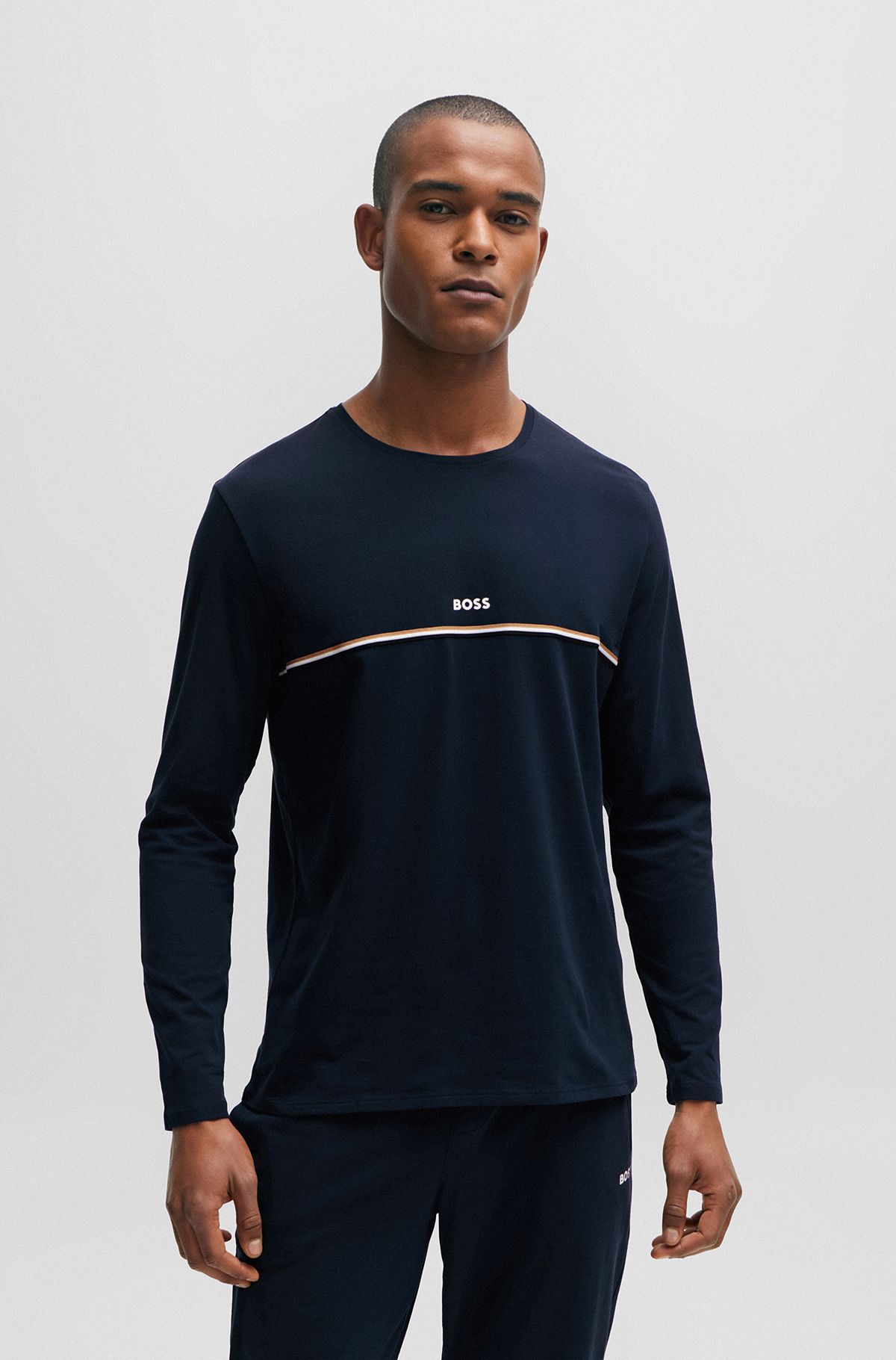 Stretch-cotton pyjama T-shirt with signature stripe and logo, Dark Blue