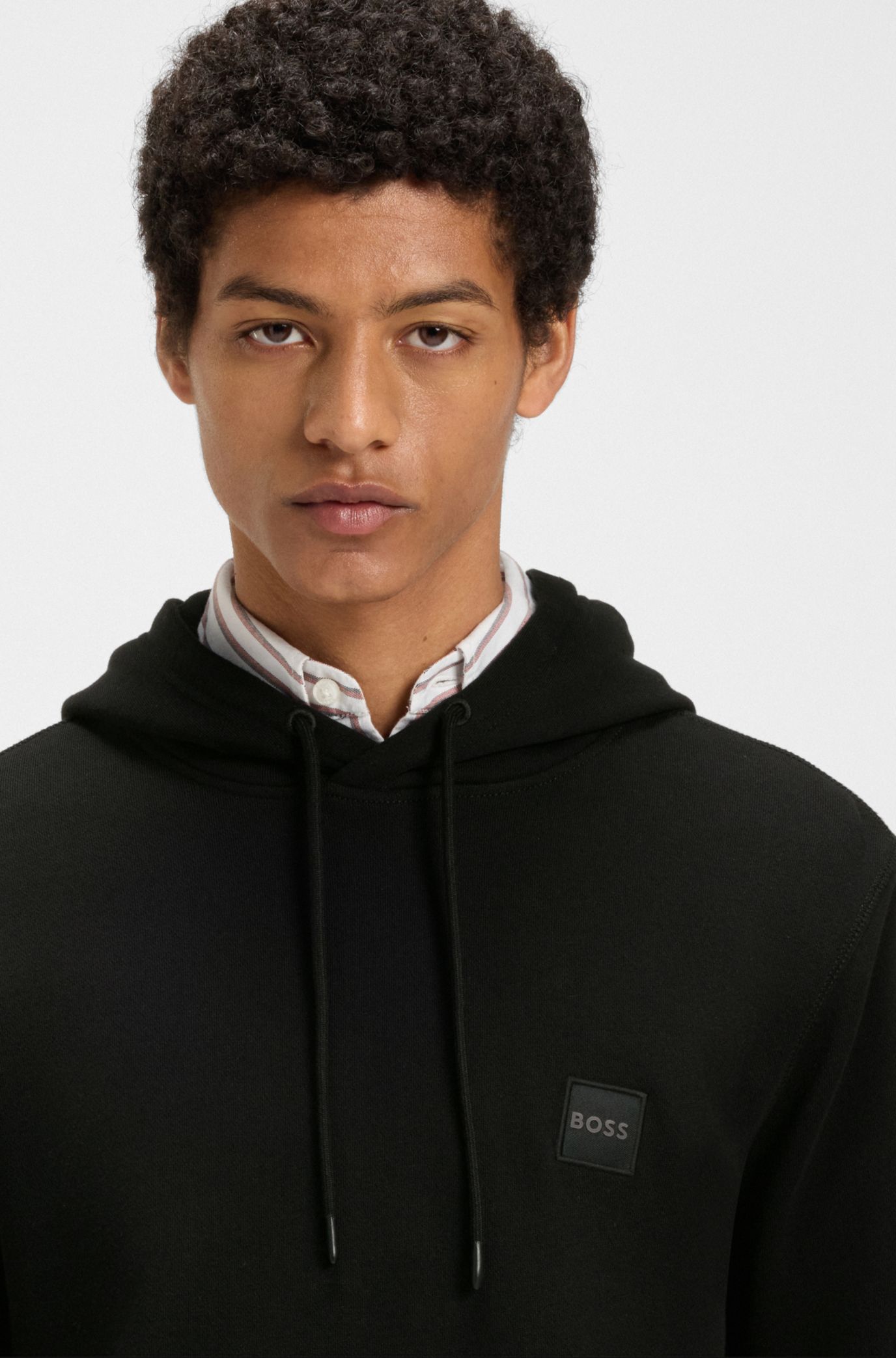Cotton-terry hoodie with logo patch, Black
