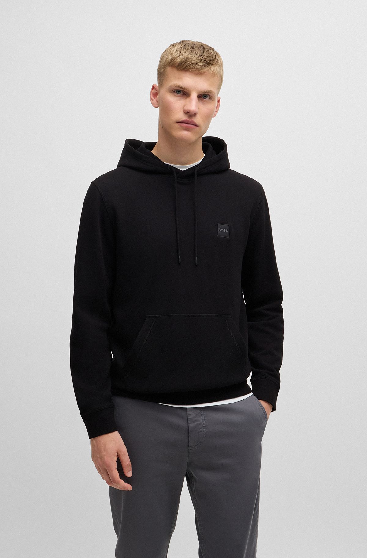 Cotton-terry hoodie with logo patch, Black
