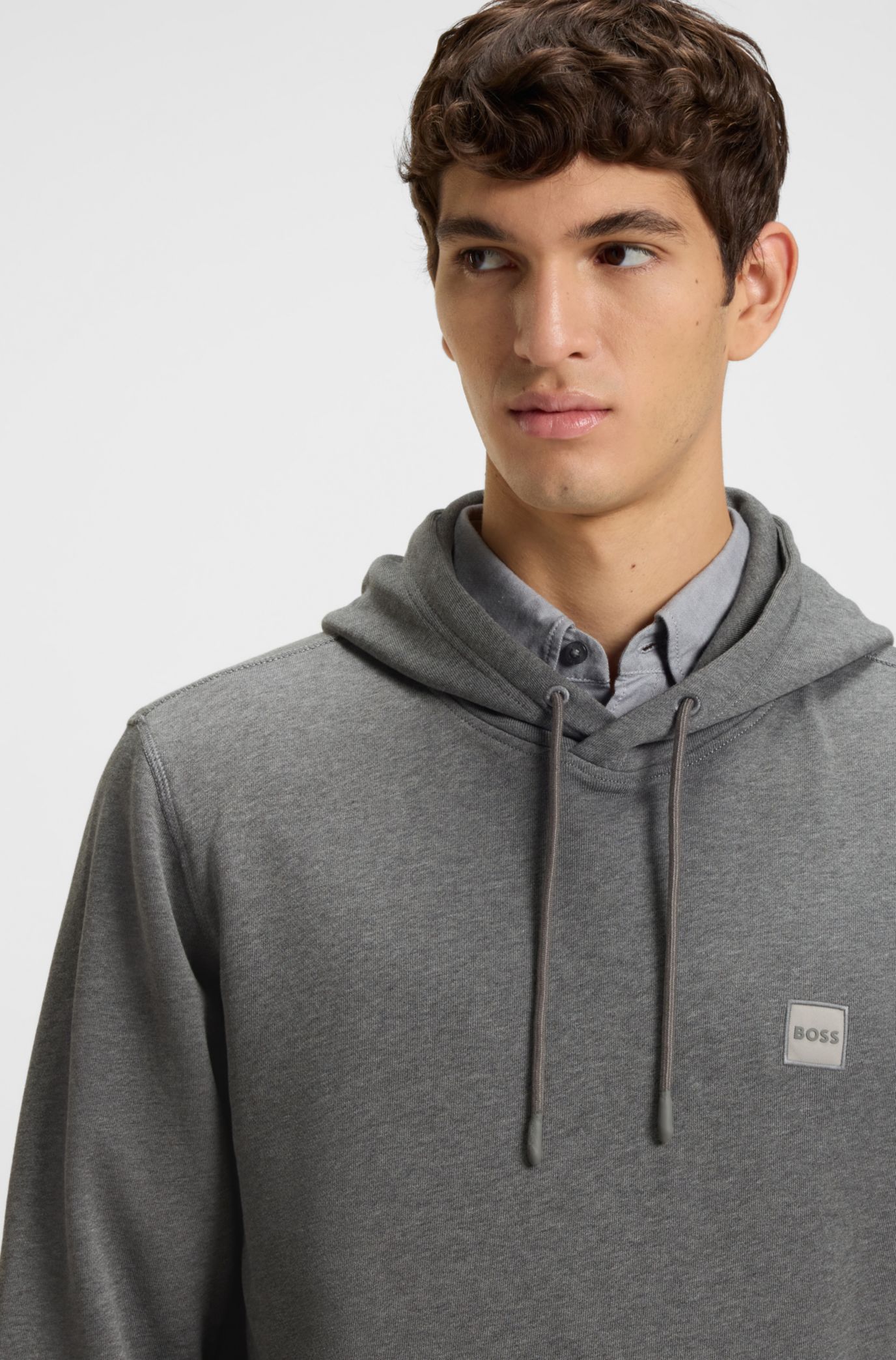 Cotton-terry hoodie with logo patch, Grey
