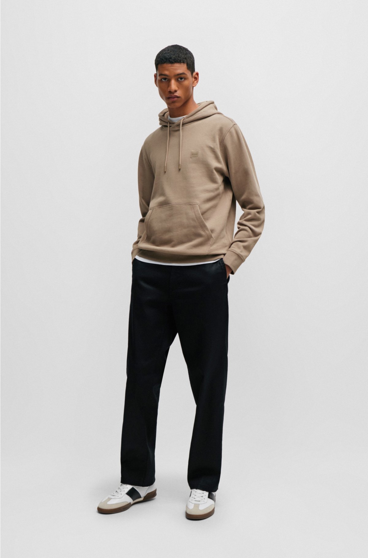 Cotton-terry hoodie with logo patch, Light Brown
