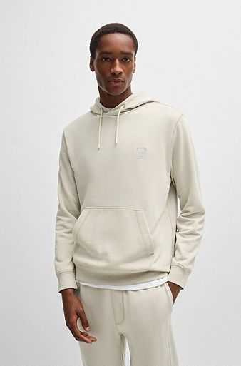 Cotton-terry hoodie with logo patch, Natural