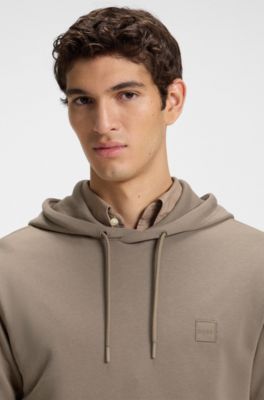 Felpa con cappuccio in terry di cotone con toppa con logo, Marrone chiaro