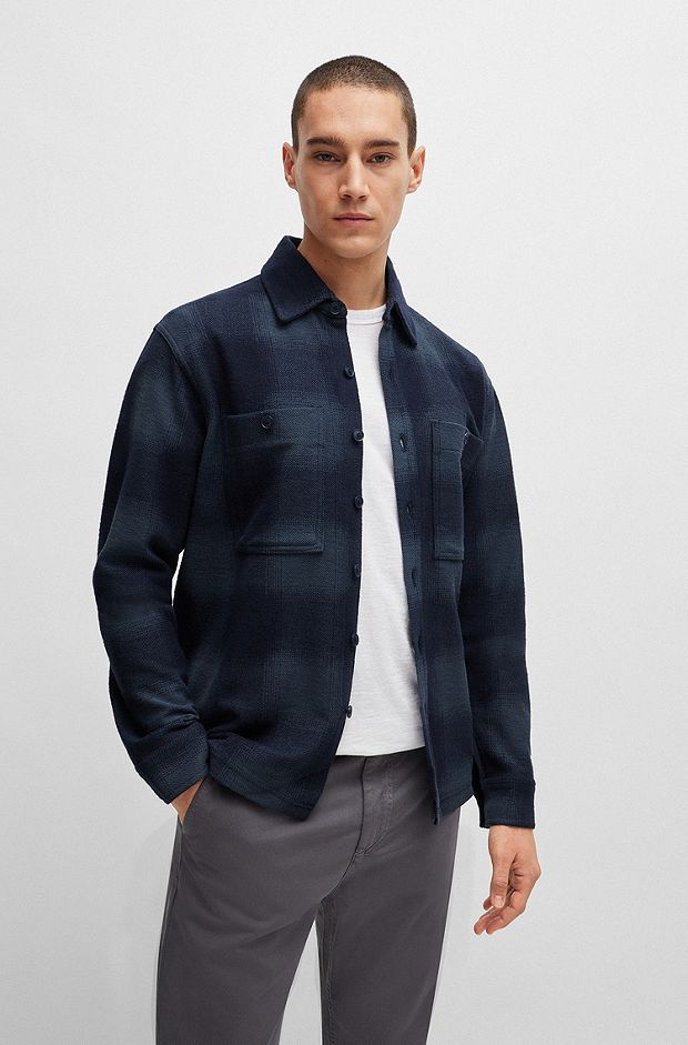 Oversized-fit overshirt in checked cotton terry, Dark Blue