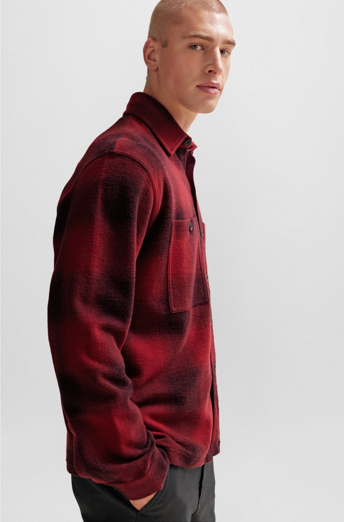 Oversized-fit overshirt in checked cotton terry, Dark Red