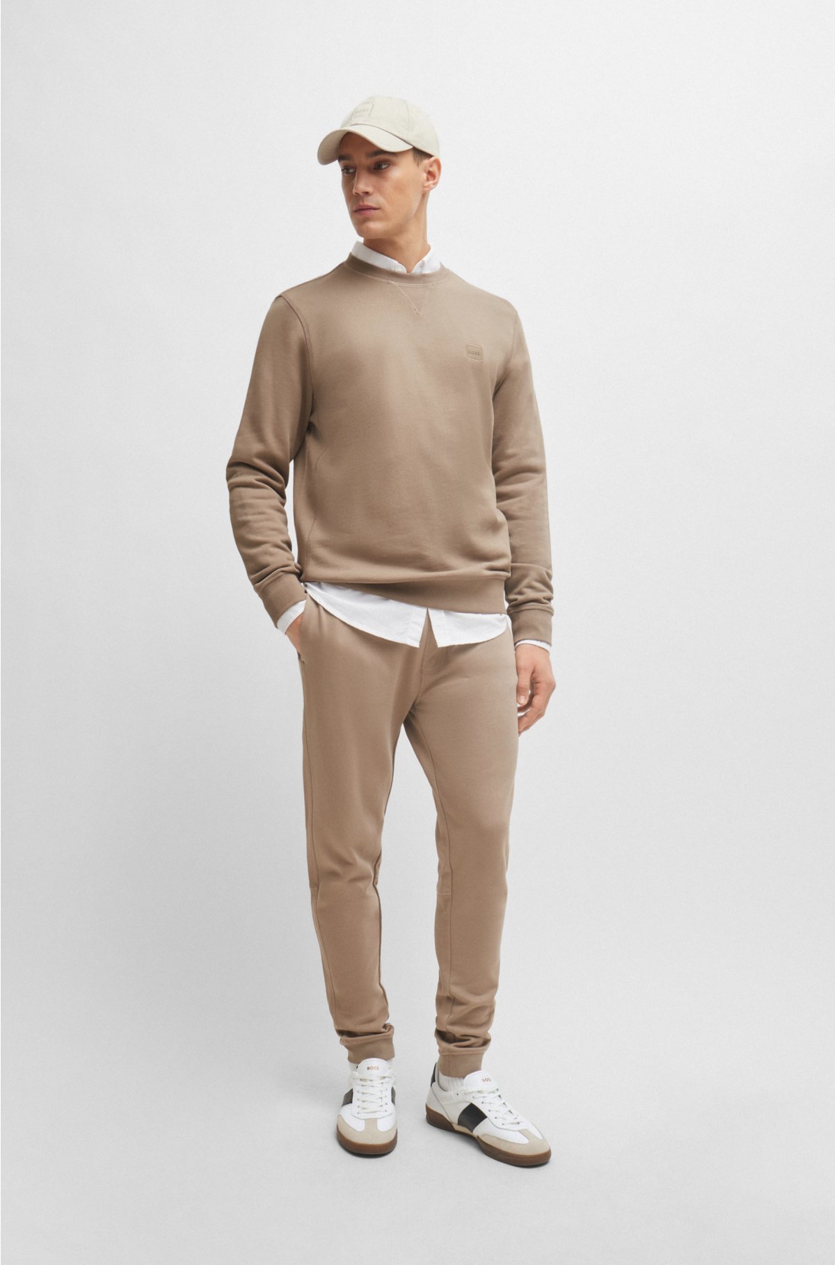 Cotton-terry relaxed-fit sweatshirt with logo patch, Light Brown