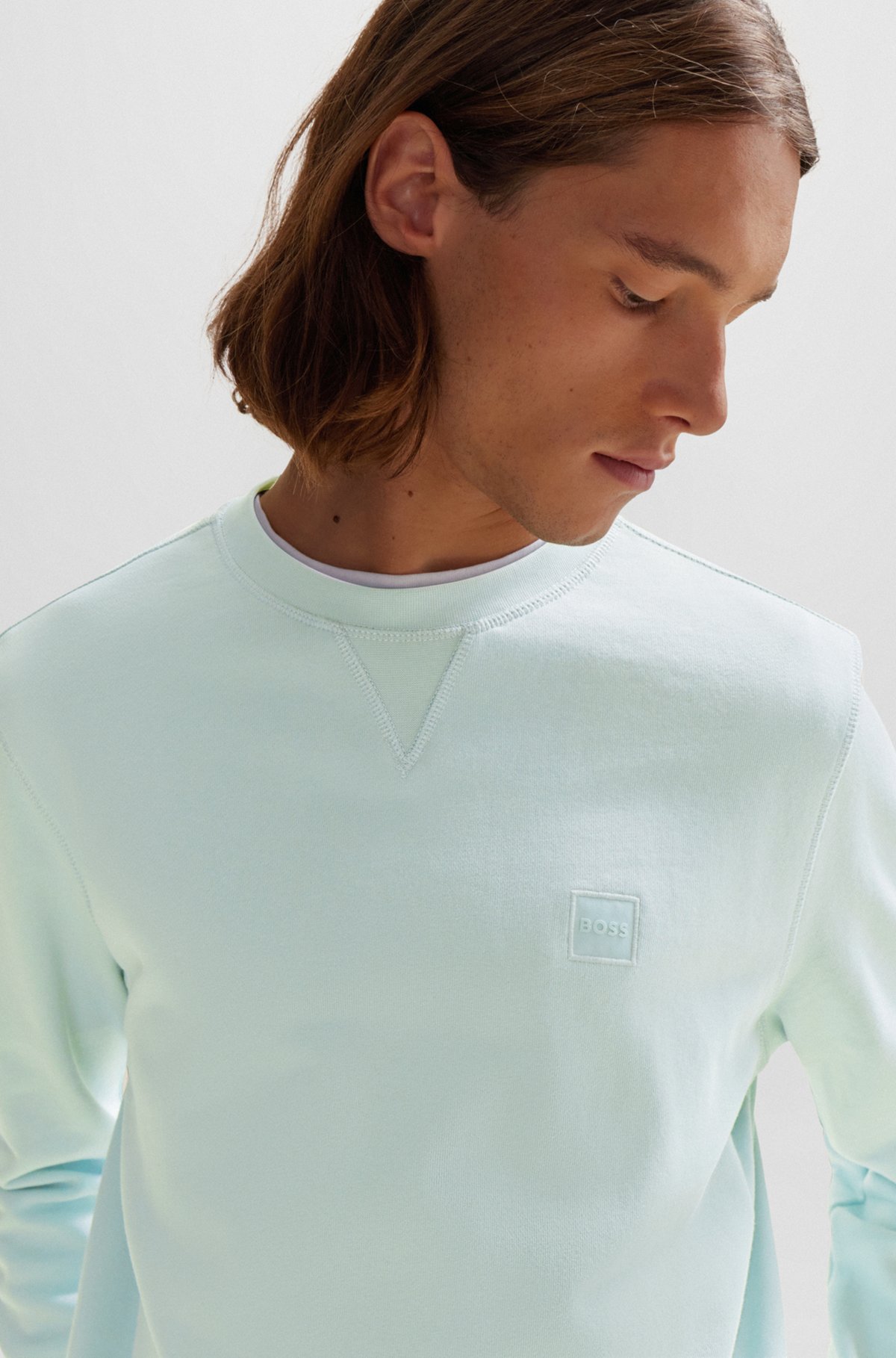 Cotton-terry relaxed-fit sweatshirt with logo patch, Turquoise