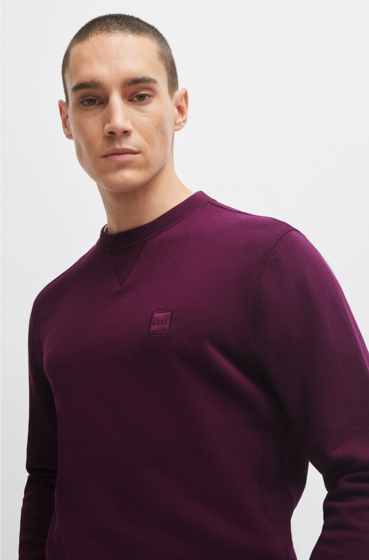 Cotton-terry relaxed-fit sweatshirt with logo patch, Dark Purple