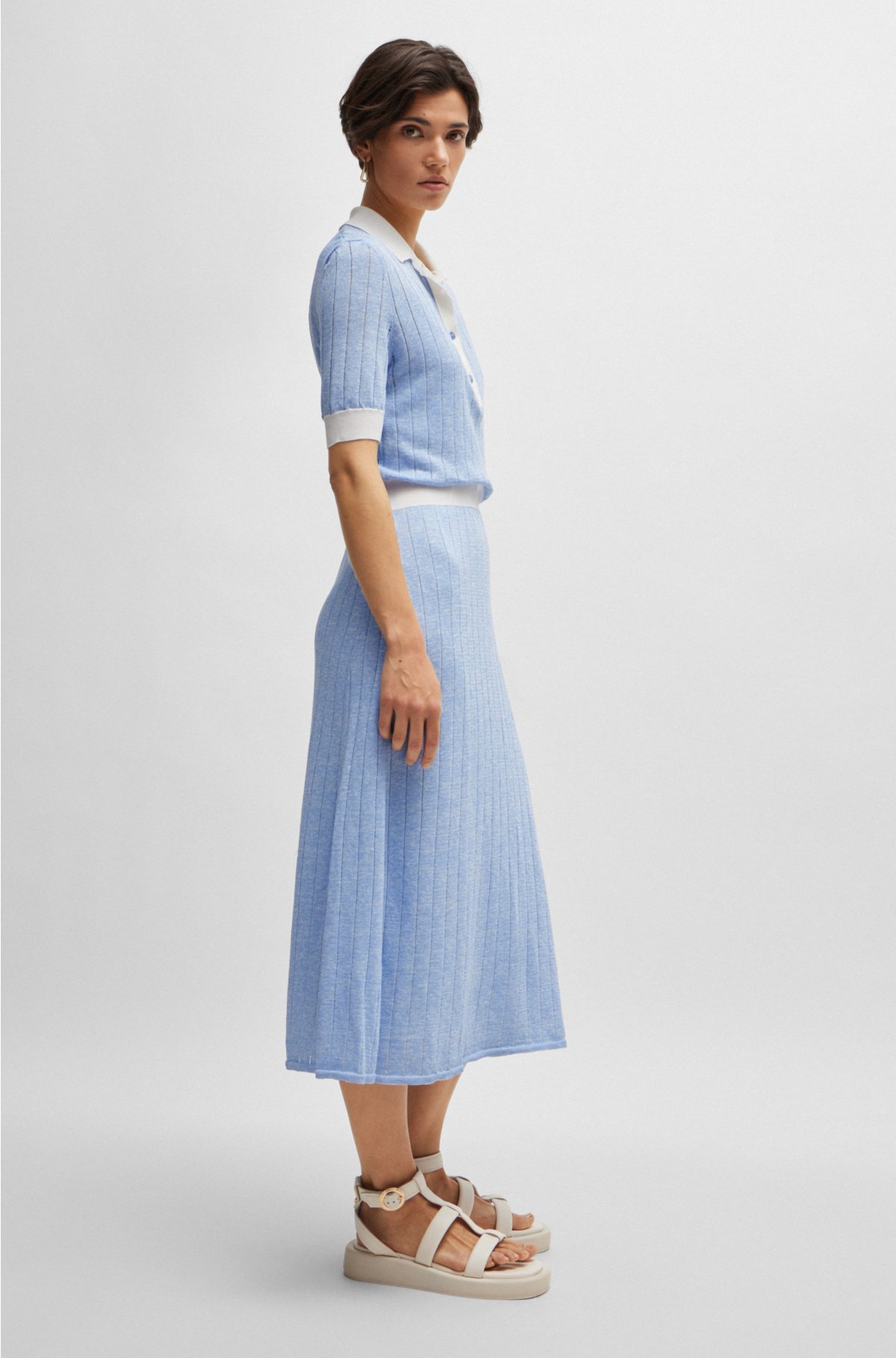 Linen-blend dress with button placket, Light Blue