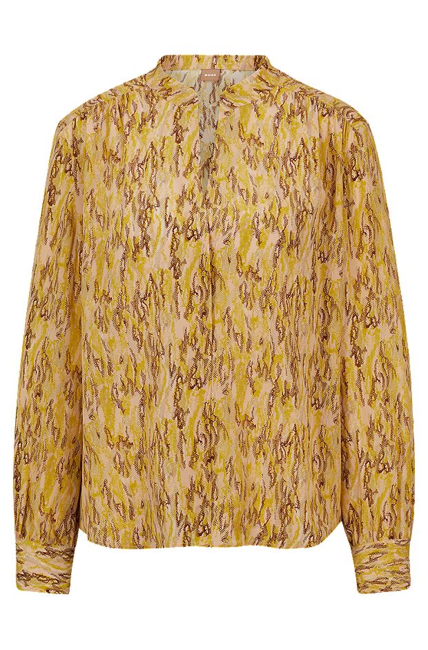 Regular-fit blouse in printed silk, Yellow Patterned