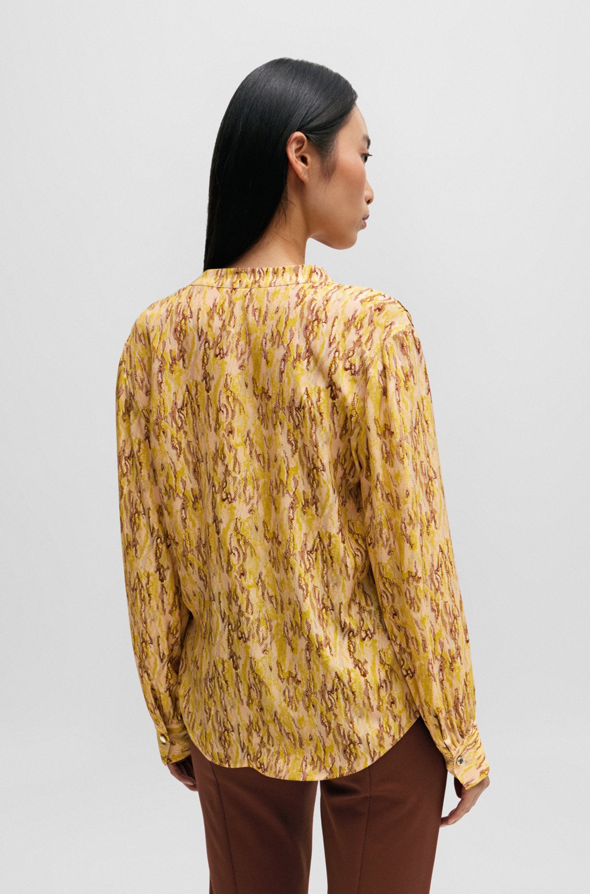 Блузка стандартного кроя из шелка с принтом, Желтый с узором